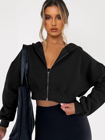 Womens Cropped Zip Up Hoodies Oversized Fleece Sweatshirts Casual Hooded Jackets Trendy Y2K Clothes in Saudi Arabia