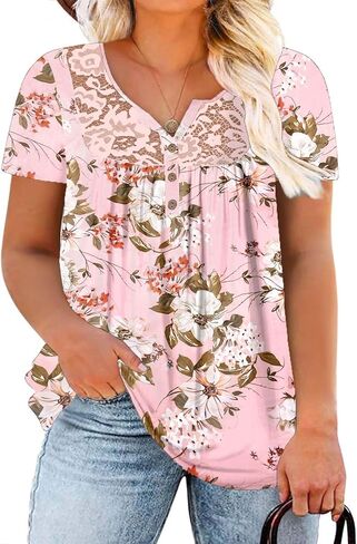 Plus Size Tops for Women Short Sleeve Henley Shirts Lace Loose Fit Pleated Flowy Buttons Up V Neck Tunics in Saudi Arabia