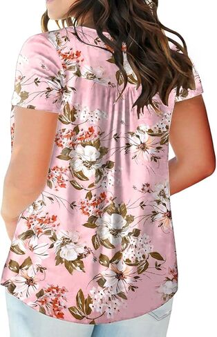 Plus Size Tops for Women Short Sleeve Henley Shirts Lace Loose Fit Pleated Flowy Buttons Up V Neck Tunics in Saudi Arabia