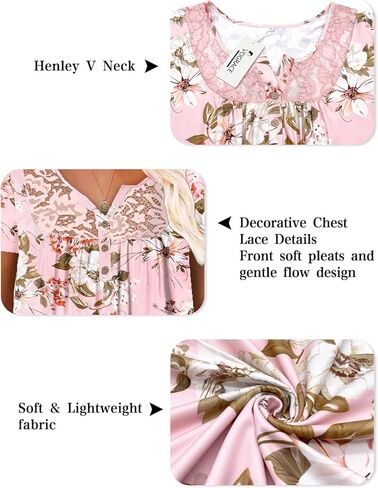 Plus Size Tops for Women Short Sleeve Henley Shirts Lace Loose Fit Pleated Flowy Buttons Up V Neck Tunics in Saudi Arabia