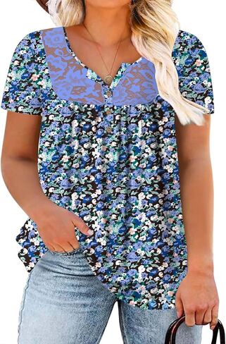 Plus Size Tops for Women Short Sleeve Henley Shirts Lace Loose Fit Pleated Flowy Buttons Up V Neck Tunics in Saudi Arabia