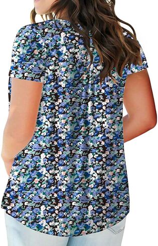 Plus Size Tops for Women Short Sleeve Henley Shirts Lace Loose Fit Pleated Flowy Buttons Up V Neck Tunics in Saudi Arabia