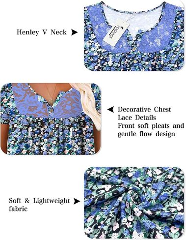 Plus Size Tops for Women Short Sleeve Henley Shirts Lace Loose Fit Pleated Flowy Buttons Up V Neck Tunics in Saudi Arabia