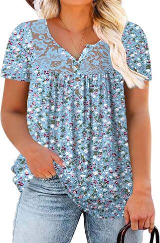 Plus Size Tops for Women Short Sleeve Henley Shirts Lace Loose Fit Pleated Flowy Buttons Up V Neck Tunics in Saudi Arabia