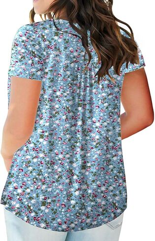 Plus Size Tops for Women Short Sleeve Henley Shirts Lace Loose Fit Pleated Flowy Buttons Up V Neck Tunics in Saudi Arabia