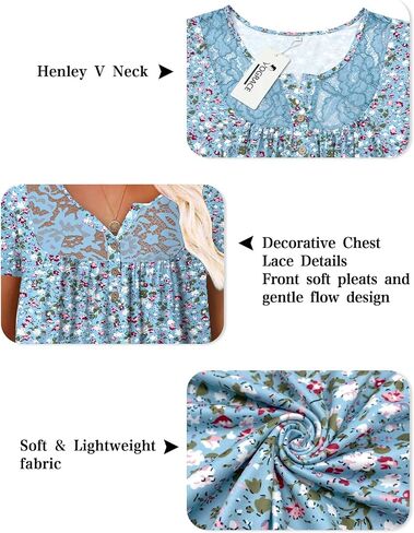 Plus Size Tops for Women Short Sleeve Henley Shirts Lace Loose Fit Pleated Flowy Buttons Up V Neck Tunics in Saudi Arabia