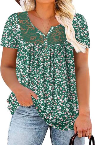 Plus Size Tops for Women Short Sleeve Henley Shirts Lace Loose Fit Pleated Flowy Buttons Up V Neck Tunics in Saudi Arabia