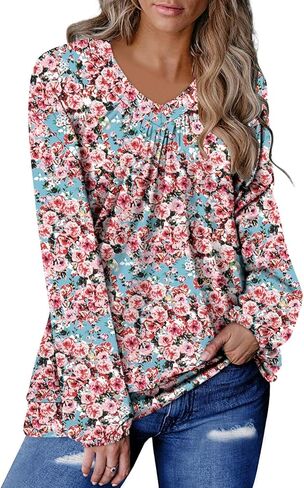 ONLYSHE Women's Blouses with Long Sleeves V Neck Loose Fit Casual Pullover Tunic Tops in Kuwait