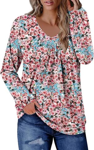 ONLYSHE Women's Blouses with Long Sleeves V Neck Loose Fit Casual Pullover Tunic Tops in Kuwait