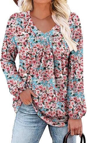 ONLYSHE Women's Blouses with Long Sleeves V Neck Loose Fit Casual Pullover Tunic Tops in Kuwait