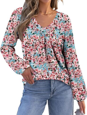 ONLYSHE Women's Blouses with Long Sleeves V Neck Loose Fit Casual Pullover Tunic Tops in Kuwait