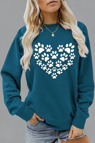 Womens Dog Mom Sweatshirts Cute Dog Paw Print Heart Graphic Long Sleeve Crewneck Casual Tee Tops in Saudi Arabia