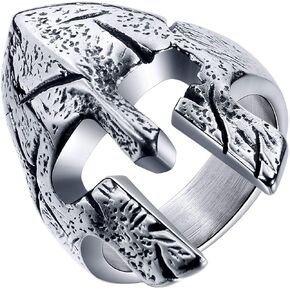 Men's Stainless Steel Spartan Warrior Helmet Ring Vintage Silver Greek Viking Knight Biker Band
