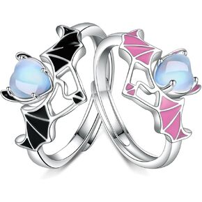Gothic Wing Heart Matching Rings Adjustable Promise Rings Blue Moonstone for Couples Friendship Rings Set Jewelry