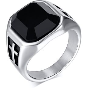 Mens Stainless Steel Black Cross Signet Fidget Rings For Men,Black Square Gemstone Biker Band Anxiety Ring For Men,Man Punk Motorcycle Ring Jewelry,Size 7-12