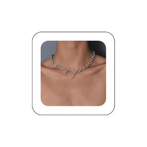 Andelaisi Boho Circle Choker Necklace Silver Hollow Circle Pendant Necklace Choker Vintage Paperclip Chain Necklace Choker Geometric Large Circle Necklace Chain for Women