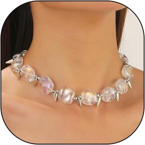 Y2k Resin Statement Choker for Women Men Gothic Transparent Square Geometric Beaded Necklace Punk Spike Rivet Collarbone Chain Hip-hop Jewelry Gifts