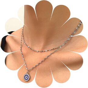 Andelaisi Boho Layered Crystal Evil Eye Choker Necklace Silver Greek Eye Necklace Choker Vintage Cz Demon Eye Pendant Necklace Sparkly Cz Turkish Evil Eye Protection Necklace Jewelry for Women