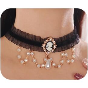 Wiwpar Vintage Black Lace Choker Necklace Hippie Boho Layered Choker Dainty Pearl Pendent Gothic Tattoo Lace Choker Crystal Tassel Collar Necklace Halloween Costume Jewelry for Women (Black)