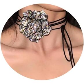 Luxury Rhinestone Big Rose Flower Choker Necklace Black Adjustable Leather Rope Clavicle Chain Neck Crystal Body Chain Necklace Statement Collar Choker Necklace for Women (Black)