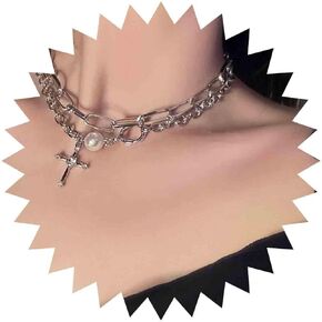 Punk Cross Choker Layered Necklace Silver Chain Cross Tiny Pearl Pendant Choker Chunky Paperclip Chain Statement Rock Layered Necklace Jewelry for Women
