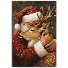 NTEUMM Santa Claus Hug Reindeer Canvas Poster Santa Canvas Wall Art Santa Claus Pictures of Christmas Santa Christmas Gift Wall Hanging Decor Canvas Roll 16x24 inch