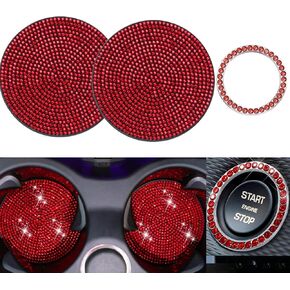 ZHYYQL 2 Pieces Bling Car Coasters with 1 Push Start Button Ignition Starter Ring, Universal Silicone Auto Cup Holder Coaster, 2.75inch Surface Full Crystal Rhinestone Insert Pads for Women(Red)…
