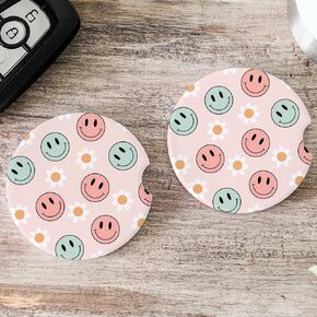 2PCS Colorful Face Preppy Ceramic Pink Car Cup Holder Coaster - Hippie Retro Groovy Aesthetic - Cute Colorful Face Floral Car Cup Holder Accessories - Drinks Coaster Mat for Women Men