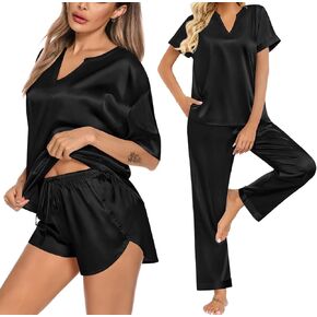 SWOMOG 3 PCS Women's Silk Pajamas Set V Neck Sleepwear Short Sleeve Satin Pajama Shorts Sets Bride Pj Lounge Sets with Pants