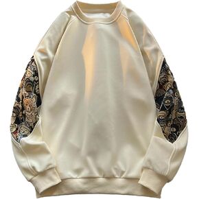 Men Crewneck Embroidered Sweatshirt Patchwork Workout Sweatshirts Vintage Loose Pullover Shirt Tops