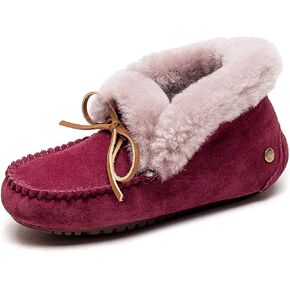 U-lite Women's Warm Fur Wool Slipper Casual Winter Slouch Flat Indoor&Outdoor Loafer Beet Red 6