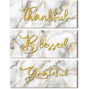 Gerrii 3 Pcs Thankful Grateful Blessed Wall Decor for Thanksgiving Christmas Abstract Marble Style Wall Decor Art Modern Wooden Hanging Wall Signs Plaque for Home Living Room Family (Fresh Style)