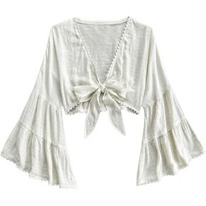 Women's Tie Bow Front Cardigan Long Bell Sleeve Blouse Crop Top Shirt Casual Deep V Neck Top in Kuwait