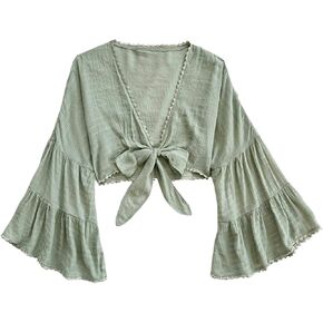 Women's Tie Bow Front Cardigan Long Bell Sleeve Blouse Crop Top Shirt Casual Deep V Neck Top