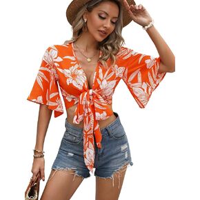 Verdusa Women's Tie Front Flare Half Sleeve Tropical Crop Top Boho Blouses