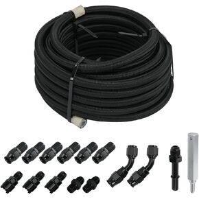 6AN 3/8" PTFE LS Swap EFI Fuel Line Fitting Kit E85 Nylon Braided Fuel Hose 25FT Black
