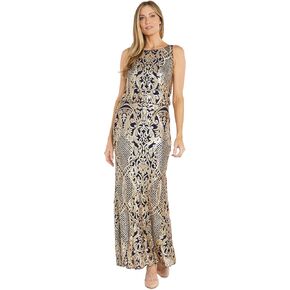 R&M Richards Long Sequined Blouson Dress W/Contrast Beading