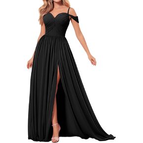 Bridesmaid Dresses Off-Shoulder Chiffon Pleated with Slit Formal Evening Gown for Womens