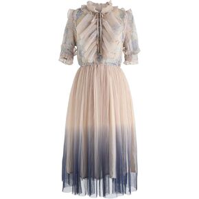 CHICWISH Women Gradient Pleated Mesh Tulle Midi Dress Elegant Ruffle Short Sleeve Button Down High Waist Summer Midi Dress