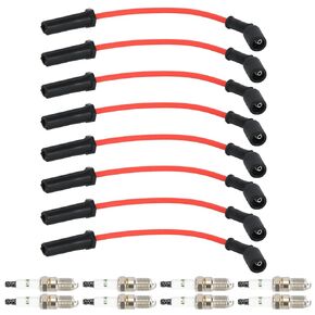 Spark Plug Wires Set 9748HH 8.0mm Red 41-962 Spark Plugs Compatible with Cadillac Escalade 2002-2006, Chevy Silverado Suburban Tahoe 1999-2009, GMC Sierra Yukon 1999-2007, 16-Pack
