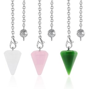 Knana 3Pcs Pendulum Crystal for Dowsing Divination Crystal Pendulum with Chain Natural Crystal Wiccan Accessories Supplies (Rose Quartz, Green Aventurine, Clear Quartz Crystal)