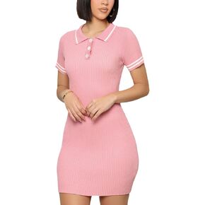 ZERMOM Women's Ribbed Knit Dress Short Sleeve Button Bodycon Elegant Sweater Mini Dresses