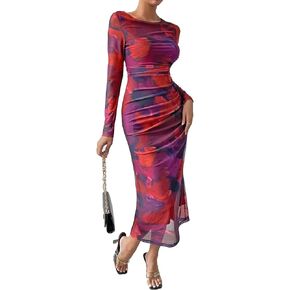 Bodycon Dresses for Women Fall Long Sleeve Floral Print Tight Fitted Party Club Ruched Maxi Dresses