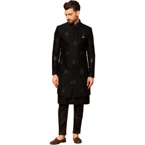 KISAH Men's Black Jacquard Indowestern Sherwani Kurta & Pajama Set, Regular Fit|Indian Ethnic Wedding & Festive Wear