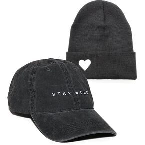 Dad Hat for Women (Stay Wild Black) and Cuffed Beanie for Women (Heart Dark Gray) - Unisex Fit, One Size