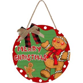 Merry Christmas Gingerbread Man Sign for Front Door Decor, Xmas Holiday Wood Door Hanger for Outdoor Outside Porch, Rustic Wooden Wreath Indoor Wall Hanging Decoration