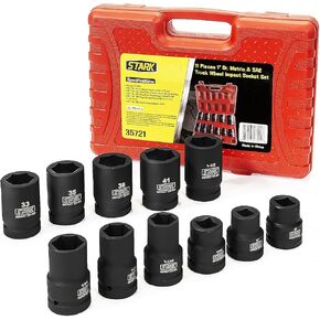 Stark USA 11-piece Premium Impact Socket Set 1"-inch Drive Metric & SAE Truck Socket Wheel Cr-Mo Steel 6-Point/Square Socket Carrying Case
