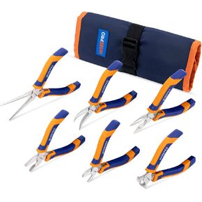 6 Pcs Mini Pliers Set with Pouch，Including Long/Needle/Curved Nose Pliers，Combination/End Cutting/Diagonal Pliers