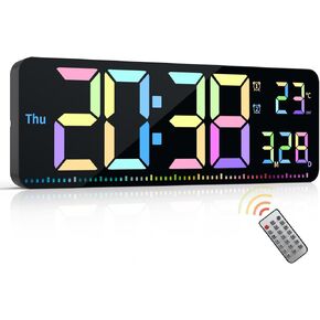 Digital Wall Clock with Remote Control, 16.2" Wall Clock with Large Display, LED Digital Clock for Classroom, Livingroom, Auto-Dimming & Coloured Second Hand, DST, Temperature, Wall decor (Colorful)