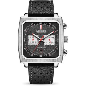 MEGIR Men's Rectangle Business Work Analogue Quartz Chronograph Luminous Sport Wrist Watch with Leather Strap 2182 Black